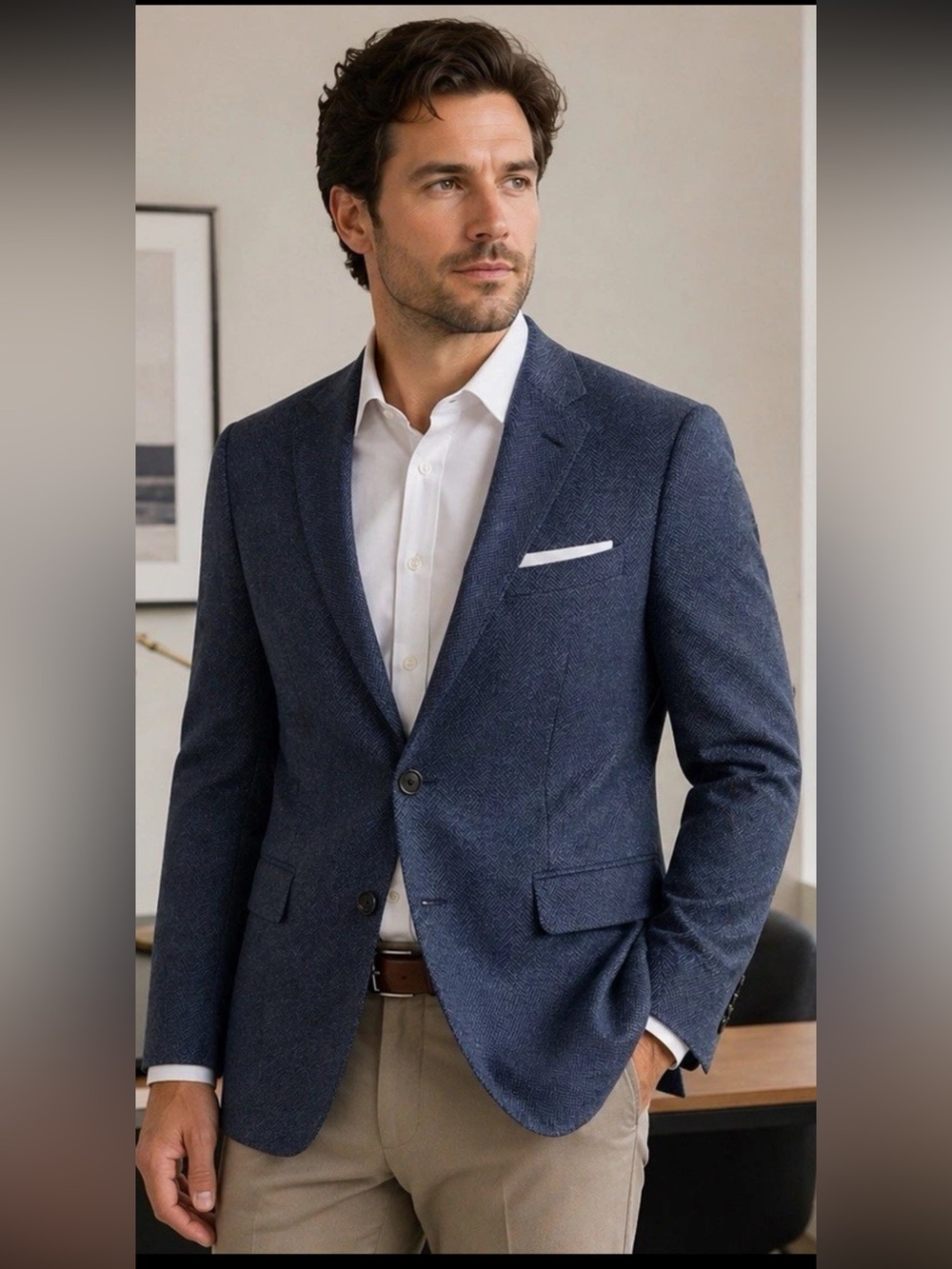 Joseph Abboud 40S Wool Blazer Textured Blue Herringbone Sport Coat Slim Fit